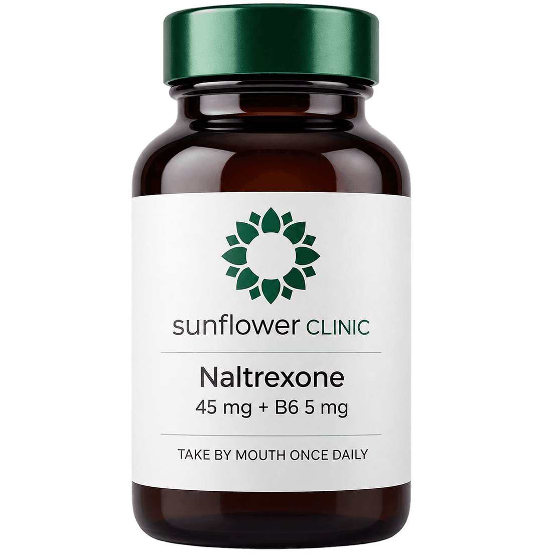Bottle of naltrexone tablets from Sunflower Clinic