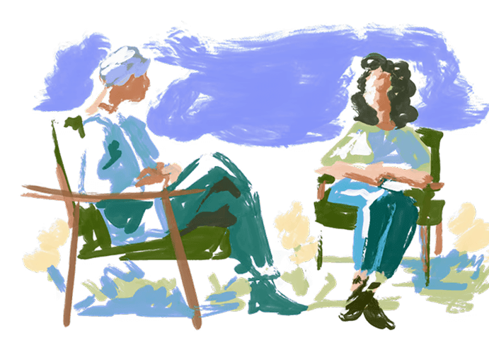 Watercolor illustration of two people in chairs in conversation
