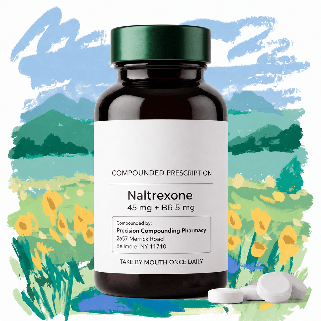 Compounded naltrexone bottle from Precision Compounding Pharmacy in front of a watercolor field