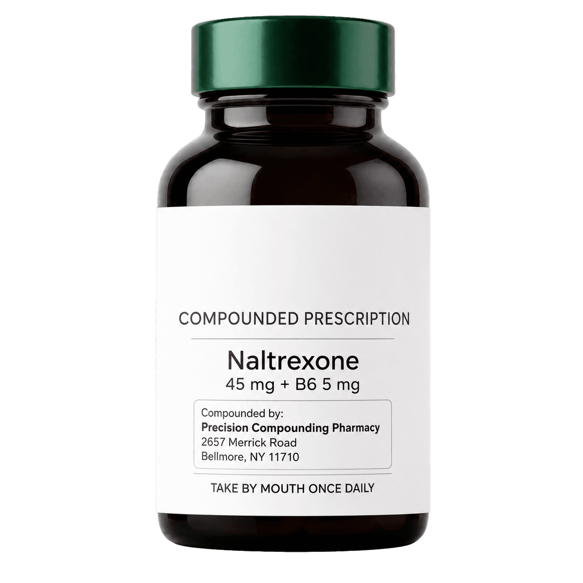 Compounded naltrexone bottle from Precision Compounding Pharmacy